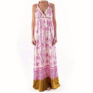 LOFT Womens Silk Ikat Maxi Dress Size 12 Pink Boho Vacation Beachy Travel Resort